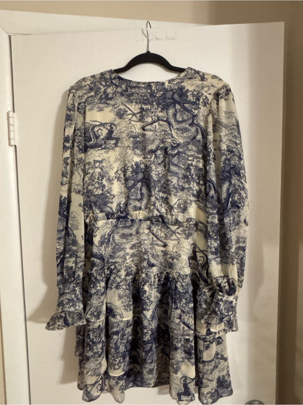 moodie navy & ivory woodland animal toile ruffle mini dress